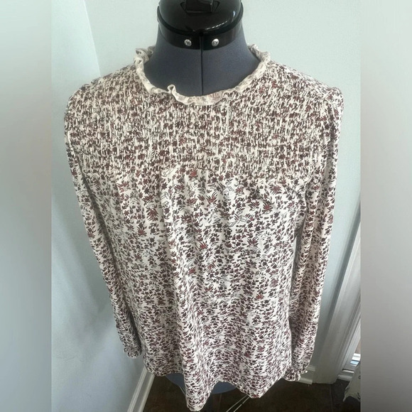 Lucky Brand Sz M Modest High Neck Smocked Frint Fall leaves long sleeve blouse - Picture 3 of 15